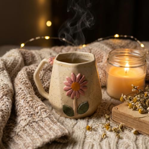 Image of Handmade Ceramic Mug 3D Daisy Flower Design Coffee Tea Cup 240 ml Gift for Coffee Lovers Kitchen Decor (Pink /Light Blue /Yellow /Grey) (Creamish Yellow /Off-White)
