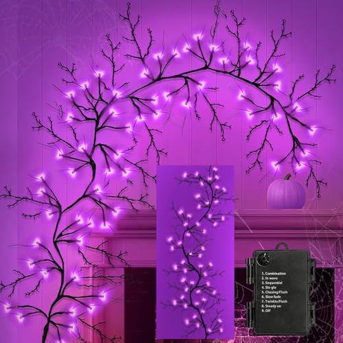 Ghirlanda decorativa a batteria con ramoscello di salice per Halloween, luci di Halloween (viola, 1,8 m)
