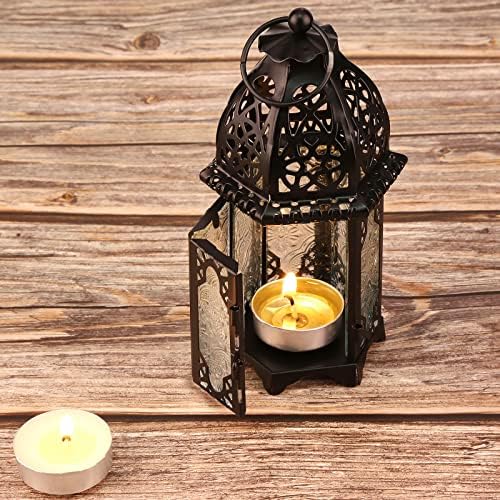IMAGE 4PCS Candle Lanterns Metal Candle Holder with Transparent Glass Moroccan Decorative Hanging Lantern, 7x16cm, Black