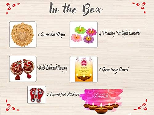 Frienemy Presents Diwali Gift Set -Ganesha Diya - Pack of (Diya Oil Lamp, Floating Wax Diya Candles Tealight, Shubh Labh Toran Door Hanging Decoration, Lakshmi Charan #Frienemy-445