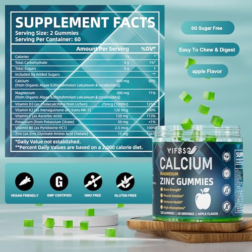 Vifssg Calcium Magnesium Zinc Gummies 600Mg With Vitamin D3 K2, 120 Gummies Plant Based Sugar-Free Calcium Gummies High Absorption Complex Calcium Supplement 70+ Trace Minerals For Bone Strength thumb #3