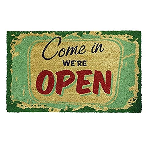 Image of Onlymat inchCome in We're Open Funny Printed Doormat (Multicolor), Anti-Slip Coir with PVC Backing (75x45cm) - Rectangular Rug for Entryway, Outdoor, Home, Door, Floor, Hall & Living Room Use.
