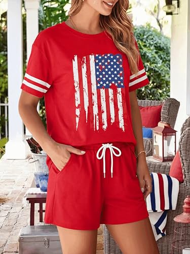 Image of VILOVE 4th of July 2 Piece Sequin Outfits Women Star Stripe Shirts and Short Sets Casual Patriotic Shirt Summer Set