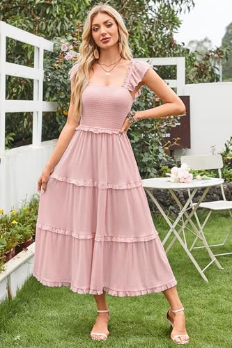 Image of Newshows Women's 2026 Summer Wedding Guest Dress Ruffle Sleeve Smocked Square Neck Long Flowy Tiered Maxi Sundress