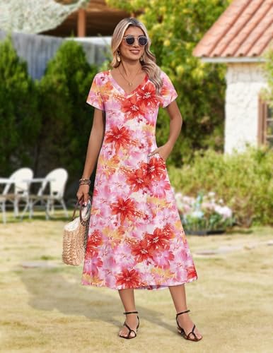 Image of Zeagoo Women Summer Floral Dress Short Sleeve Beach Dress with Pockets Casual V-Neck Split Long T-Shirt Dress Travel Vacation