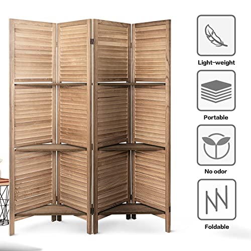 ECOMEX-4-Panel-Wood-Room-Divider-Screen-Freestanding-Folding-Privacy-Screen-with-Shelves-Brown ECOMEX 4 Panel Wood Room Divider Screen Freestanding Folding Privacy Screen with Shelves Brown