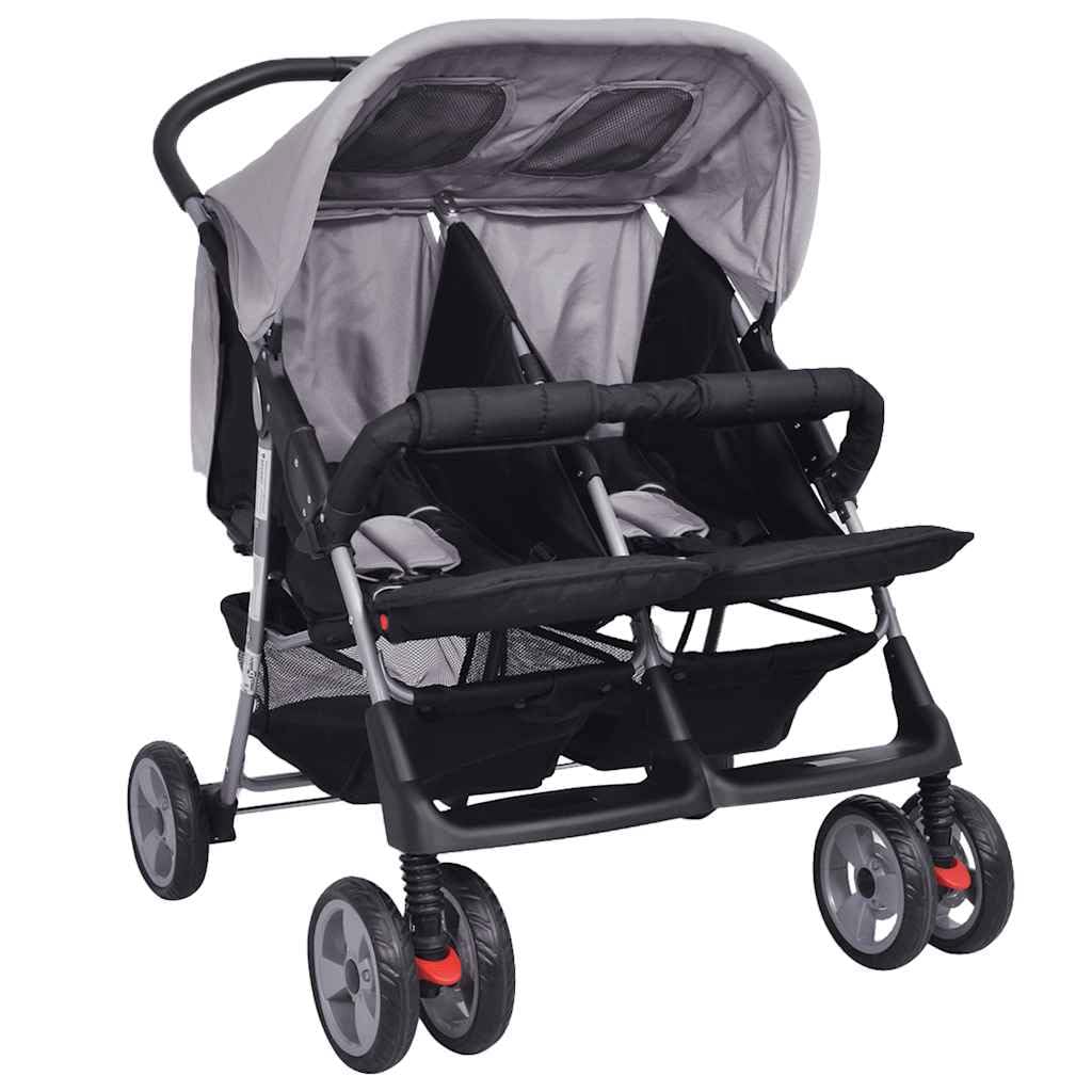 Poussette double pour enfant - Design pliable - Jusqu'à 30 kg (2 x 15 kg) - Pour jumeaux et frères de 0 mois - Poussette bébé enfant - Poussette de voyage - Acier gris et noir