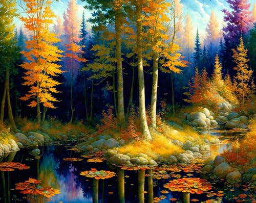 Toile murale sans cadre Meechi decoration aquarelle haut de gamme etang et arbustes d'automne