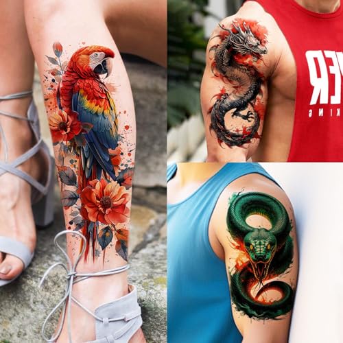 Image of 17 Sheets Unique Watercolor Lion Tiger Animals Temporary Tattoos For Men Women Half Arm Forearm Tattoo Sticker, Realistic 3D Dragon Snake Phoenix Fake Tattoo Sleeve For Adults Body Art Long Lasting