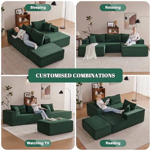 Image of Mangodan 110 inch Cloud Sectional Couch, Boneless Sofa for Living Room, Modular Sectional Sofa with Deep Seat, Comfy Fluffy U-Shaped Couch with Right-Facing Chaise, No Assembly Required, Green