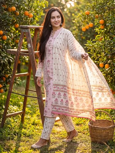 Image of INDO ERA Women's Pure Cotton Floral Printed Beads and Stones Work Kurta & Pant with Dupatta Set (IEAI13104)