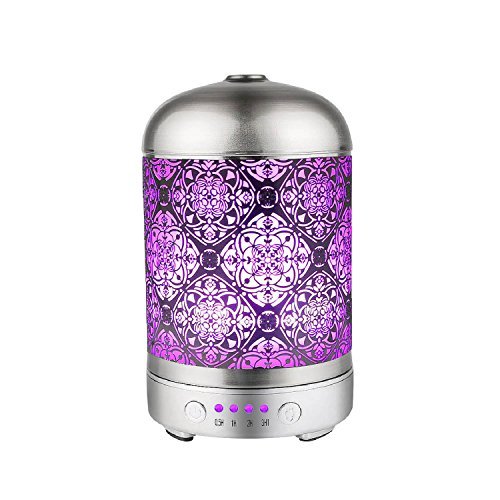 COOSA 100ml Ultrasonic Aromatherapy Essential Oil Diffuser Paper-cut Window Grilles Designed US Plug Standard Cool Aroma Mist Humidifier with 7 Colorful LED Light for Home & Office (Silver)