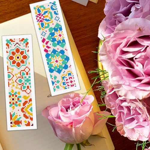 Image of BEUNITONE 6 Pcs Mandala Cross Stitch Bookmark Kits for Beginners DIY Stamped Embroidery Bookmark Kit Colorful Floral Punch Needle Set with Instructions Craft Kit for Book Lover Gifts 8''x2.4''