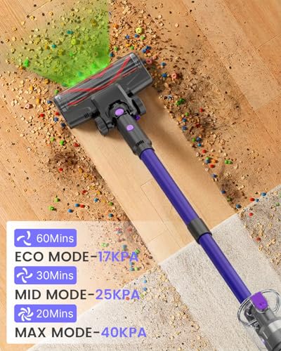 Image of Cordless Vacuum Cleaner,500W 40KPa 120Mins Runtime with 2 Batteries,Anti-Tangle Stick Vacuum with Green Light,Rechargeable Wireless Vacuum for Pet Hair /Carpet /Hardwood Floor,Purple