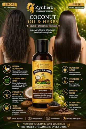 Image of Zynherb Coconut Oil & Herbs Hair Oil with Fenugreek, Nigella Seeds, Amla & Bhringraj, Paraben Free, for All Hair Types, 100ml