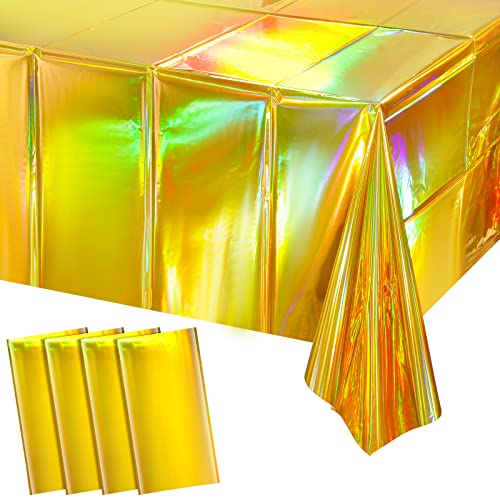 Image of 4 Pack Gold Iridescent Plastic Tablecloths Shiny Disposable Laser Rectangle Table Covers Holographic Foil Tablecloth Iridescent Party Decorations Birthday Bridal Wedding Christmas, 54 x 108 Inch