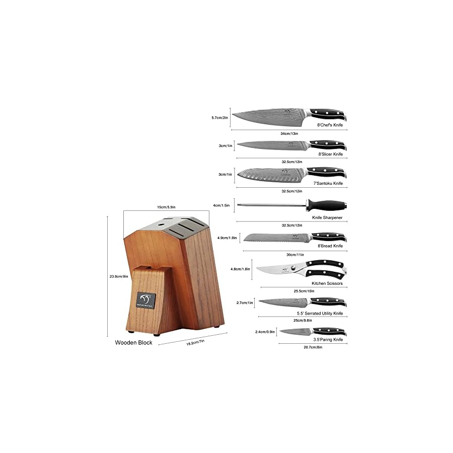 Damascus Kitchen Knife Set with Block, Razor Sharp 67-Layer VG10 Steel and Triple Rivet Handle, Included Chef/Santoku/Utility/Bread/Paring Knives, Sharpener, Kitchen Shears-Natural Wooden Block, 9Pcs
