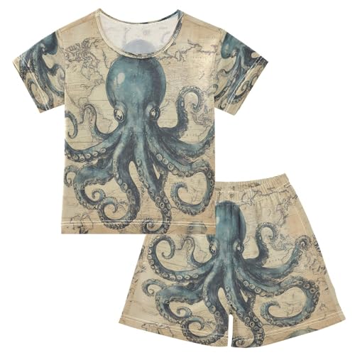 ALAZA Vintage Blue Octopus Nautical Map Retro Pajamas Set Short Sleeve Cotton Sleepwear Summer Pjs 2 Piece 5-14Y