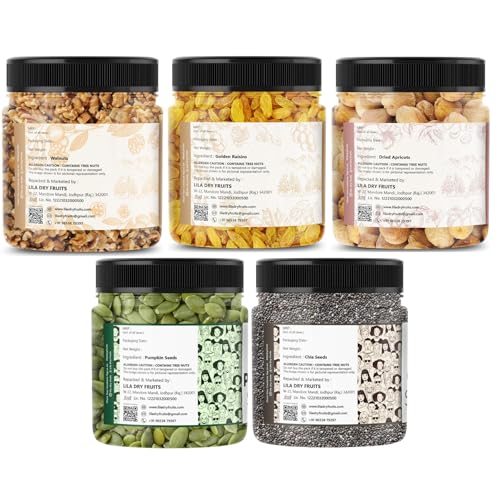 Image of LILA DRY FRUITS Healthy Mix Combo - Walnut, Raisins, Apricots, Chia Seeds & Pumpkin Seeds 100 Gms x 5 | Dry Fruits & Seed Mix for Daily Snacking & Nutrition Perfect for Gifting
