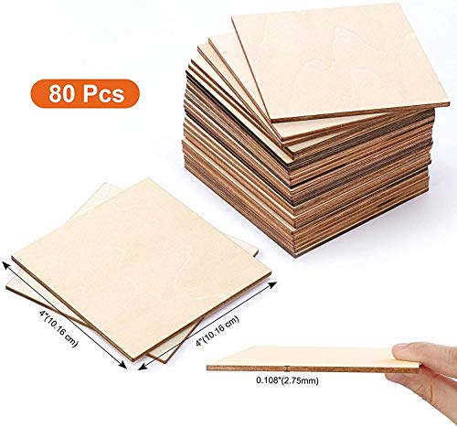 Image of Fiddlys Unfinished Wood Squares, 80 Pcs 10 cms Blank Wood Slices Wooden Squares for DIY Crafts Painting Staining Burning Coasters Wood Tiles