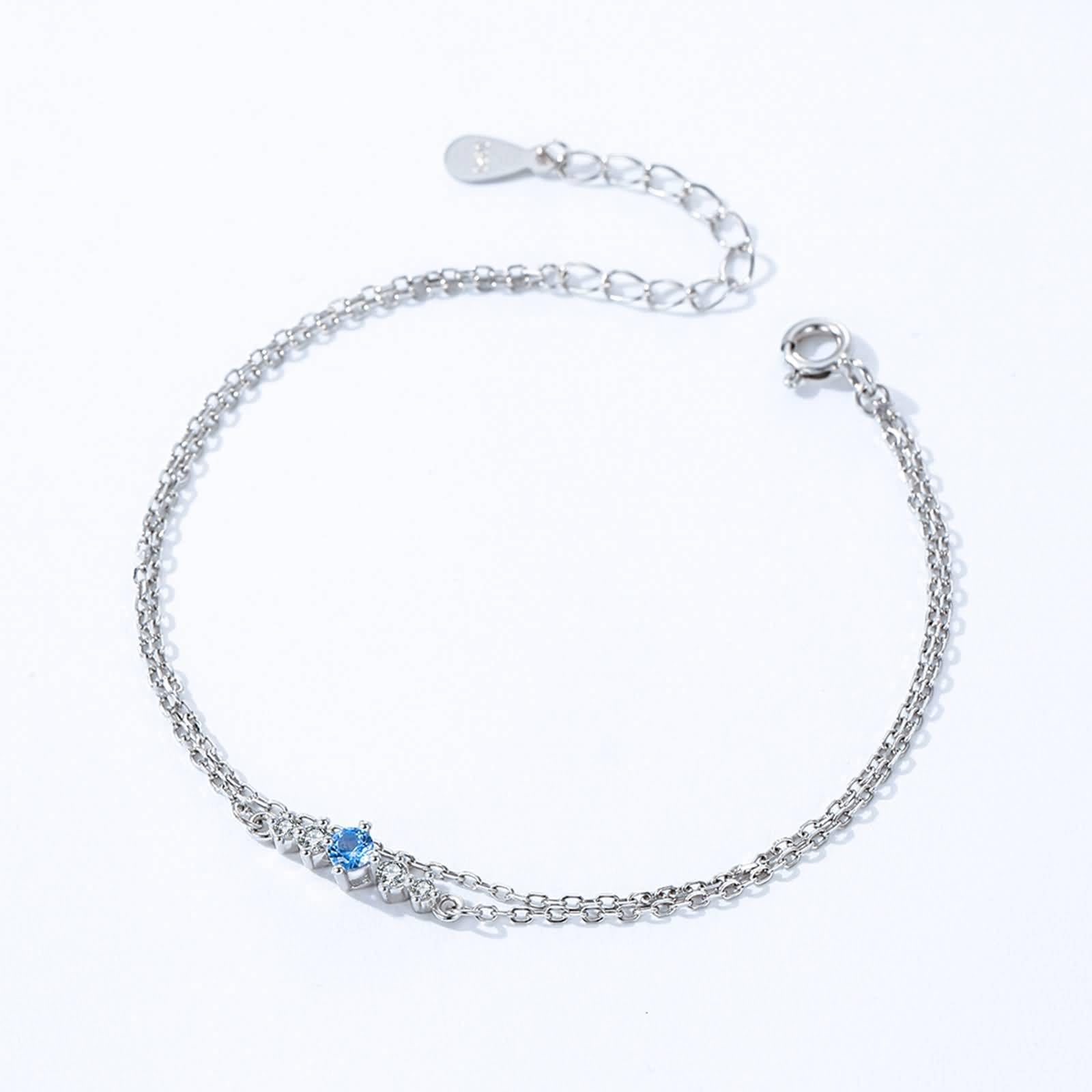 Pulsera Mujer Oro Blanco 9Kilates / 14Kilates / 18Kilates, Cadena Doble Capa con Zafiro Creado de 0,25 ct, Cadena Extensible 16 CM + 5 CM, Pulseras de Mujer de Plata Azul
