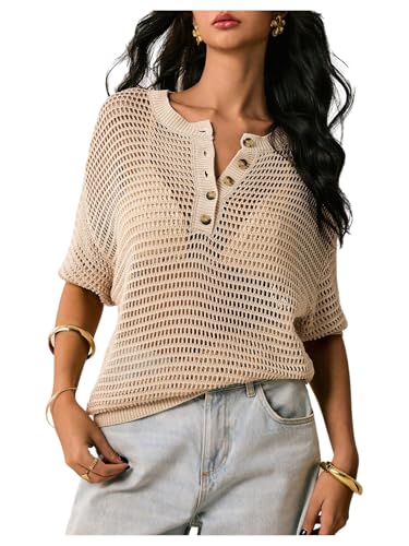 Women's Dolman Sleeve Crochet Sweater Hollow Out Half Button Sheer Knit Tops Beach Cover Ups