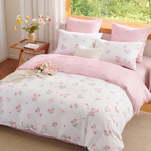 Image of Floral Duvet Cover Twin Size Pink White Flower Reversible Comforter Cover Set Butterfly Bow Heart Soft Breathable Microfiber Bedding Set with Zipper Closure and 1 Pillowcase