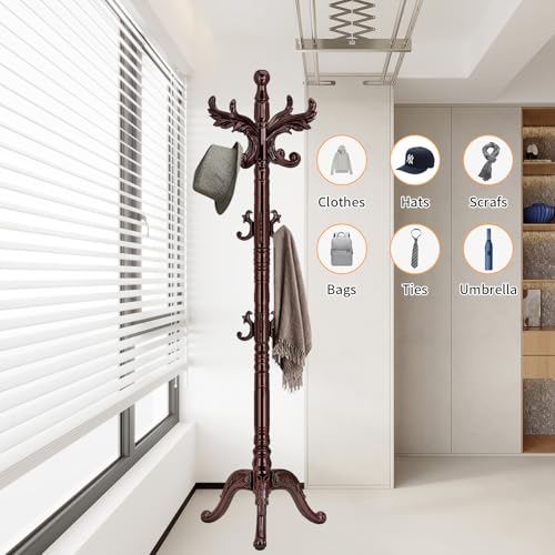 Snaikor Wooden Coat Rack Stand Sturdy Triangle Base, Natural Birch Wood Coat Racks Freestanding, Vintage Solid Wood Coat Tree Stand with 14 Hooks, Classic Sturdy Coat Racks Hall Tree for Entryway - Thumbnail 6