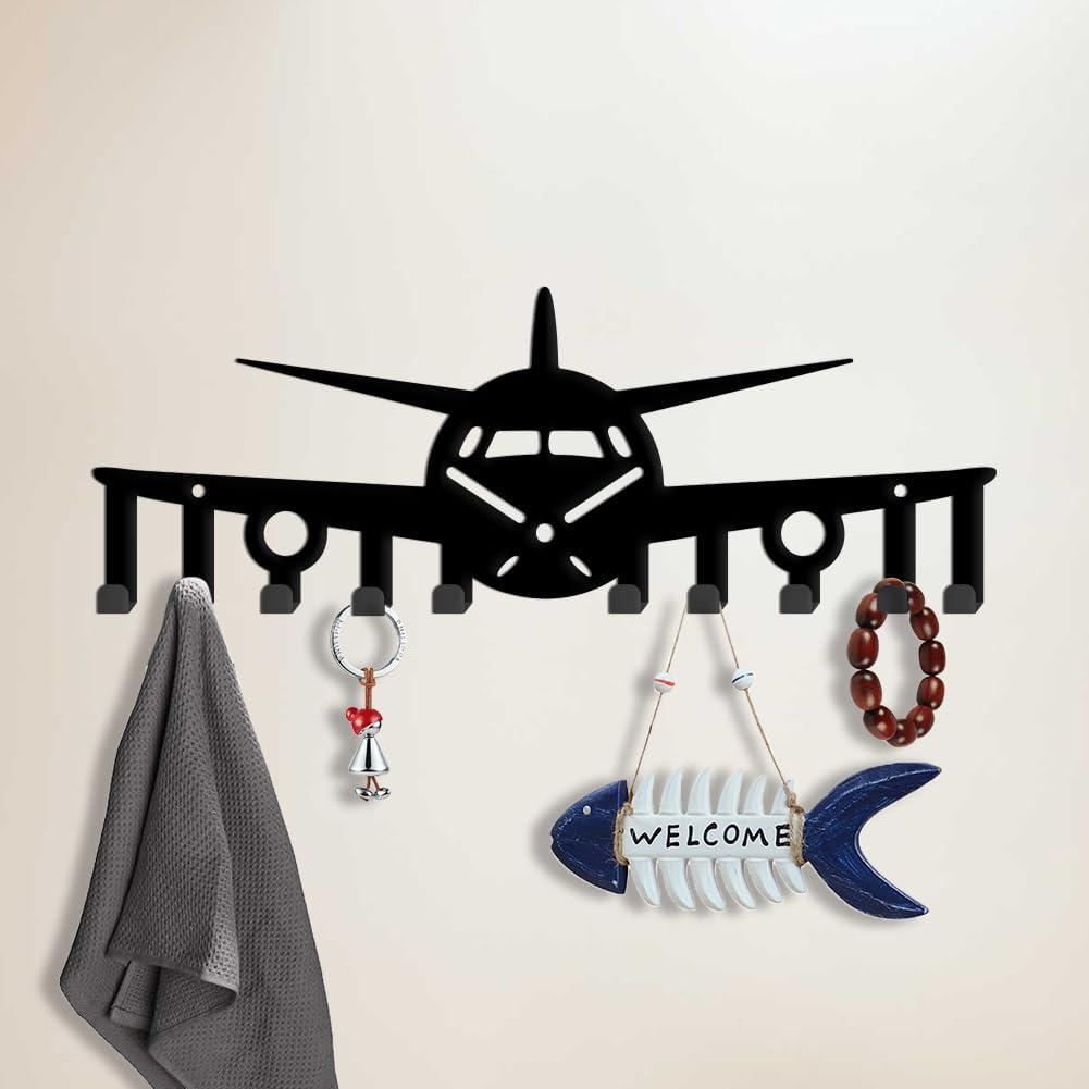SUPERDANT Airplane Metal Key Holder Airplane Decorative 10 Hooks Wall Mounted Key Hooks Black Key Rack Organizer Key Hanger Dog Leash Hanger for Boy's Room Front Door Gift for Airplane Enthusiast image 2