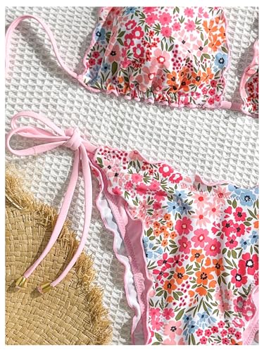 WDIRARA Women's Floral Ruffle Swimsuit Halter String Triangle Bikini Set Tie Side 2 Piece Bathing Suit4