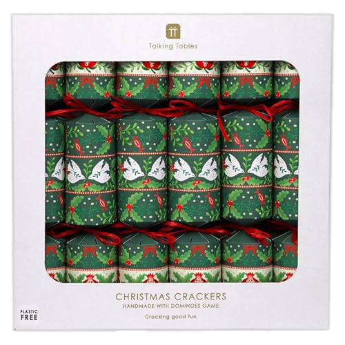 Talking Tables 6 x Christmas Crackers with Party Hats, Jokes, Games, Party Hat, Folklore Green Design Eco-Friendly Xmas Tableware, Recyclable
