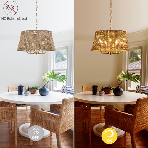 Image of 19.7 inch Boho Rattan Chandelier, 5-Light Gold Wicker Light Fixture