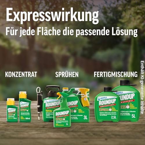 Roundup Unkrautfrei Express, 1 Liter Sprühflasche, Unkrautvernichter, zur Bekämpfung von Unkräutern, Gräsern und Moos
