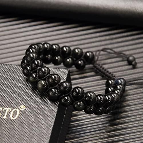 Genasto Black Obsidian Stone Beads Bracelet Natural Tiger Eye Onyx Lava Rock Stone Prayer Mala Beads Adjustable Aromatherapy Essential Oil Diffuser Bracelet For Men Women (Black, Obsidian 8Mm) #TOP4