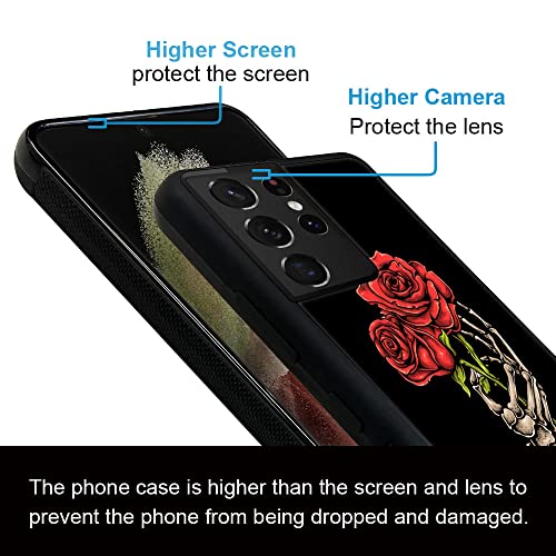Zhegailian For Samsung Galaxy S21 Ultra Case,Red Rose Skull Pattern Design Galaxy S21 Ultra Cases For Girls,Hard Pc Back Cover[Non-Slip Shock Absorption] Soft Tpu Protective Case For Galaxy S21 Ultra #TOP2