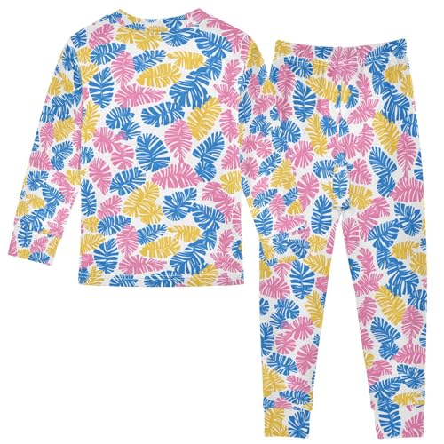 ALAZA Tropical Palm Leaves Blue Yellow Pajamas Long Sleeve Sleepwear 2-Piece Pajama Set2