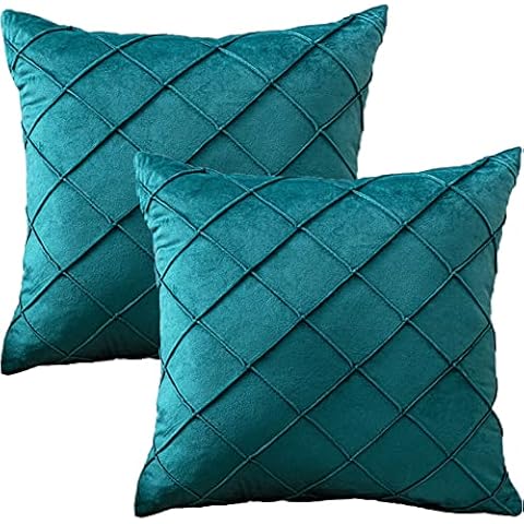Throw Pillow Cover Velvet Diamond Pattern Peacock Blue - 18 x 18 Inch Solid Green Teal Check Pattern Cushion Cover - Set of 2 Turquoise Textured Square Cushion Case, Great for Sofa Bedroom Etc Decor Cover