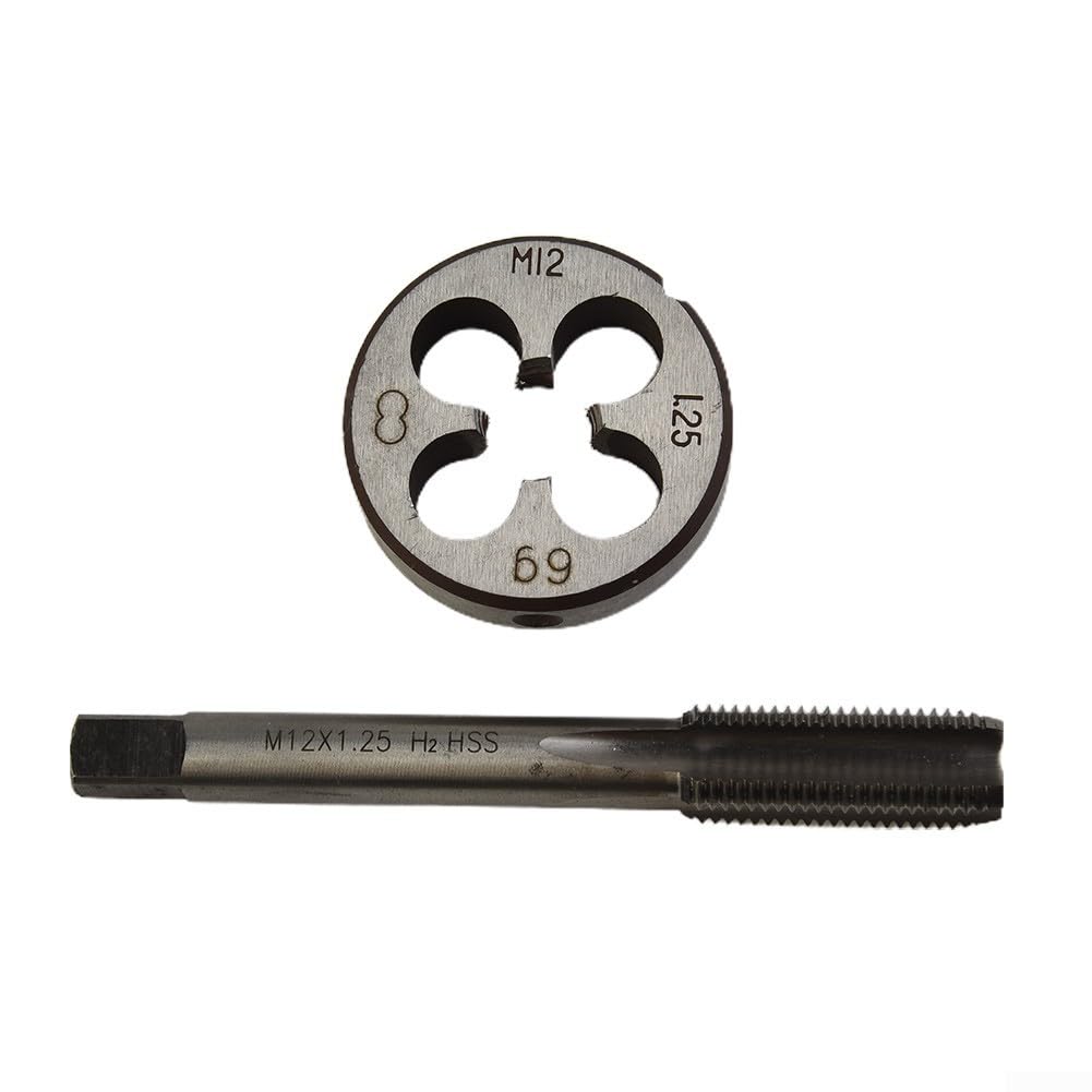 Zestaw gwintowników i narzynek, gwintowniki i narzynki do gwintów okrągłych, gwintowniki HSS HSS metryczne prawe 12 mm x 1,25 mm i zestaw narzynek M12 x 1,25 mm do polerowania DIY