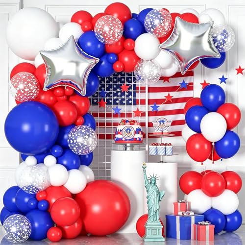 Longwu Red White and Blue Balloon Garland Arch Kit - 141 Pcs 4th of July Balloons Arch Kit for Patriotic Birthday Nautical Baseball Graduation Theme Decorations with Star Foil Balloons