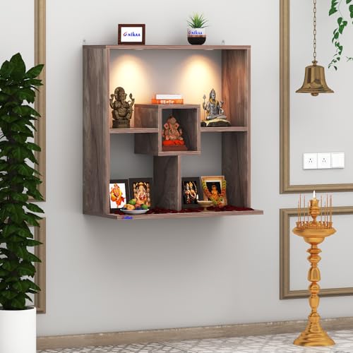 Image of Anikaa Shelly LED Light Wall Mounted Hanging Puja Temple Shelf Stylish Engineered Wood God Stand for Pooja Room Mandir Stand for Temple (Coachwood) D.I.Y