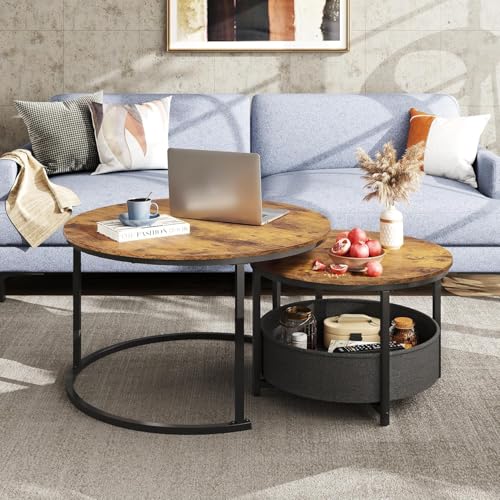 WLIVE Couchtisch 2er Set, 80 Durchmesser Groß Wohnzimmertisch, 60 Durchmesser Beistelltisch Rund mit Stauraum, Metallgestell, Kaffeetisch für Wohnzimmer (Rustikales Braun) – Bild 3