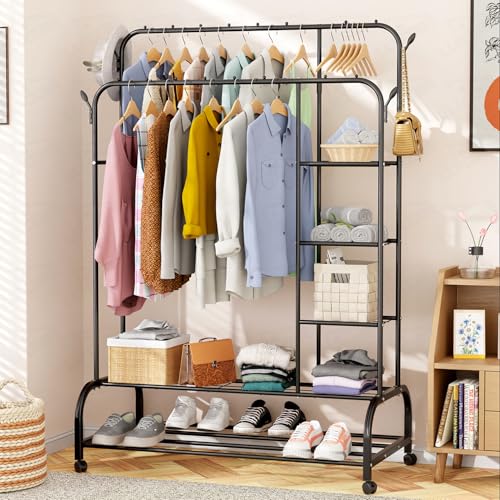 Image of Lukzer Metal Garment Stand with 6 Shelves & Double Rods, Heavy-Duty Clothing Rack with Side Hooks & Wheels, Multi-Functional Storage Organizer for Bedroom, Laundry & Entryway - (MGS-008 /Black)