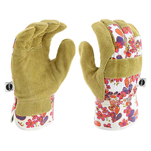 Miracle-Gro MG23010 Landscaping Work Gloves - [1 Pair, Small/Medium] White/Floral Print, Split Cowhide Leather Gloves