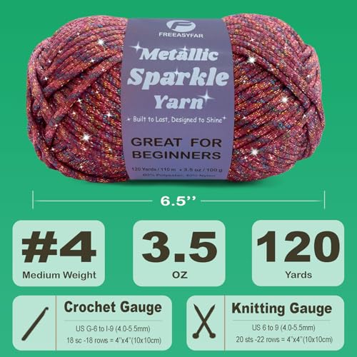 Image of Metallic Sparkle Yarn for Crochet and Knitting with Easy-to-See Stitches, Worsted Weight Medium #4, Beginners Yarn for Amigurumi, Bags, Handmade Gifts, Home Decor (Berry, 1 Pack)