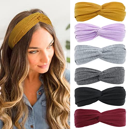MarchQueen Boho Headbands for Women's Hair Non Slip Knottd Headbands Solid Color Ribbed Stretchy Hair Bands for Women Girls Yoga Headwraps Hair Accessories 6Pcs(Solidcolor1-6pcs)