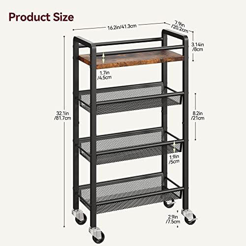 Slim Storage Cart, 4 Tier Kitchen Rolling Carts With Wheels, Rolling Storage Cart With Handles, Narrow Metal Mobile Utility Cart For Bathroom Laundry Office Small Places, Rustic Brown #TOP5