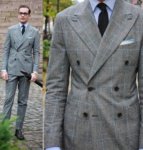 Ulnomio Men's Checked 2 Pieces Suit Double Breasted Buttons Peak Lapel Tuxedos for Casual Prom Christmas3