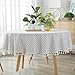 ColorBird Checkered Tassel Tablecloth Cotton Linen Dust-Proof Table Cover for Kitchen Dinning Tabletop Decoration (Round, 60 Inch, White/Blue)