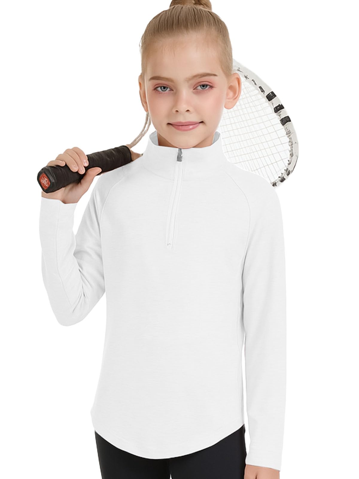 Girls Fashion Shirts Long Sleeve 1/4 Zip Pullover Trendy Tshirt Kids Cute Fall Athletic Workout Tops Basic Tees 5-14 Years