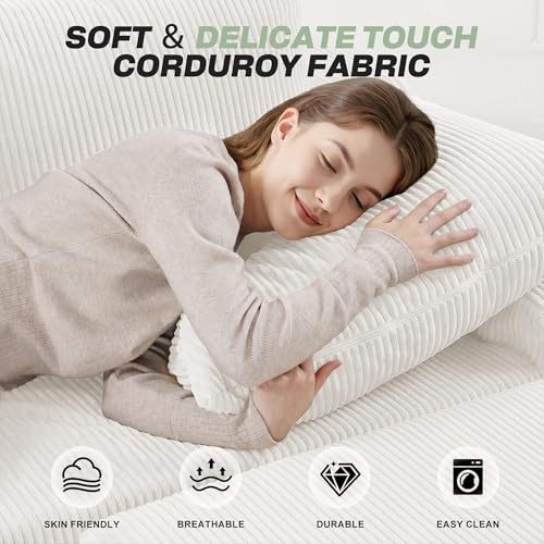 Image of HABUTWAY 94 inch U Shaped Modular Sectional Couch for Living Room, Modular Cloud Sofa with Ottoman, No Assembly Boneless Couches with Deep Seat, Corduroy Fabric (Beige, Left Facing)